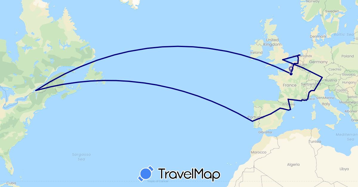TravelMap itinerary: driving in Belgium, Canada, Spain, France, United Kingdom, Italy, Netherlands, Portugal (Europe, North America)