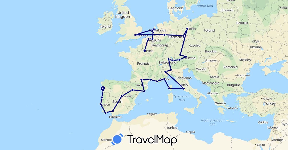 TravelMap itinerary: driving in Austria, Belgium, Switzerland, Germany, Spain, France, United Kingdom, Italy, Liechtenstein, Monaco, Netherlands, Portugal (Europe)
