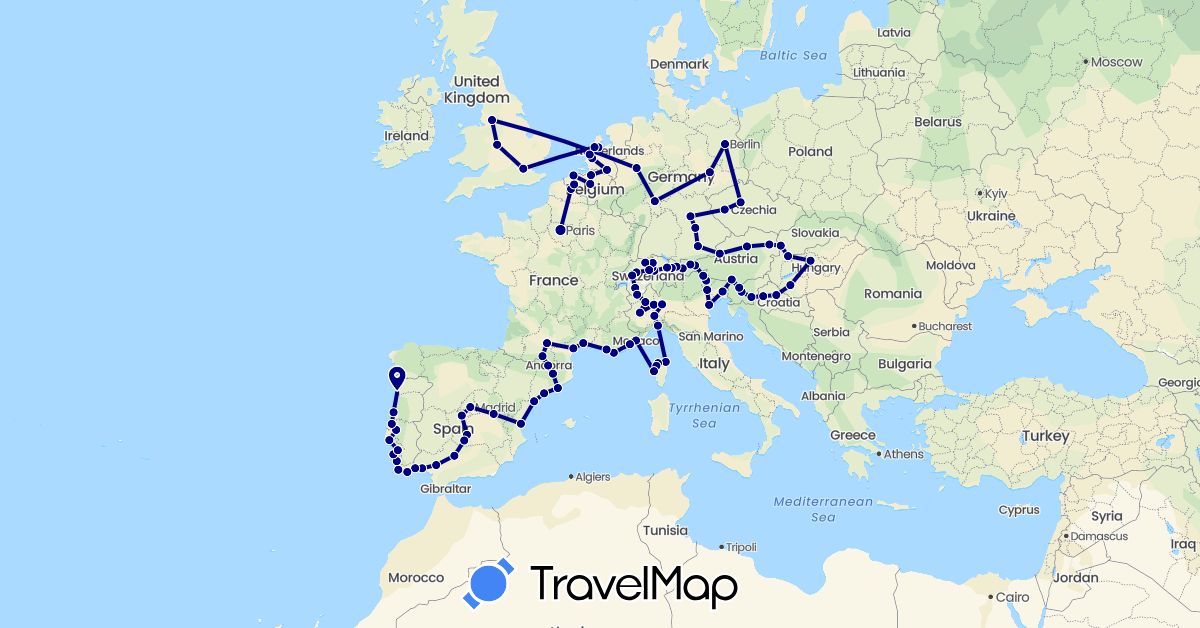 TravelMap itinerary: driving in Andorra, Austria, Belgium, Switzerland, Czech Republic, Germany, Spain, France, United Kingdom, Croatia, Hungary, Italy, Liechtenstein, Monaco, Netherlands, Portugal, Slovenia, Slovakia (Europe)